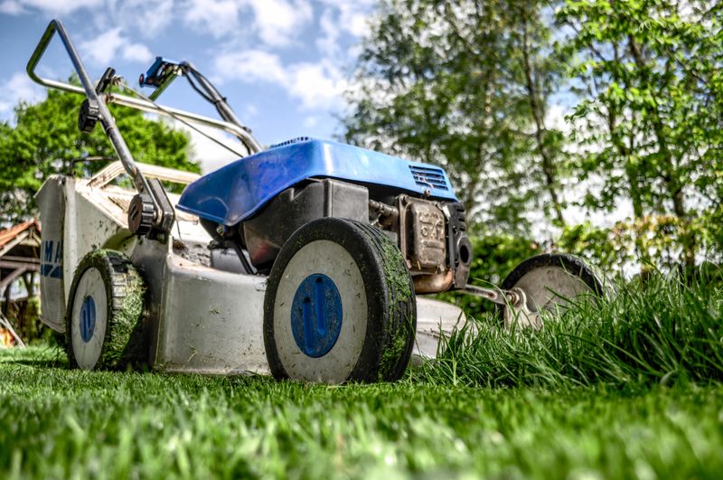 Push lawn mower on grass